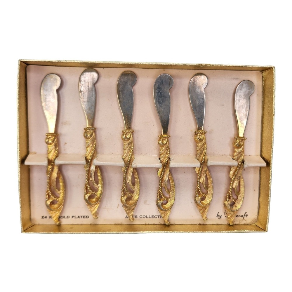 Tancraft Hors Doeuvres Knives 24kt Gold Plated Set of 6 Janis Collection Vtg Box
